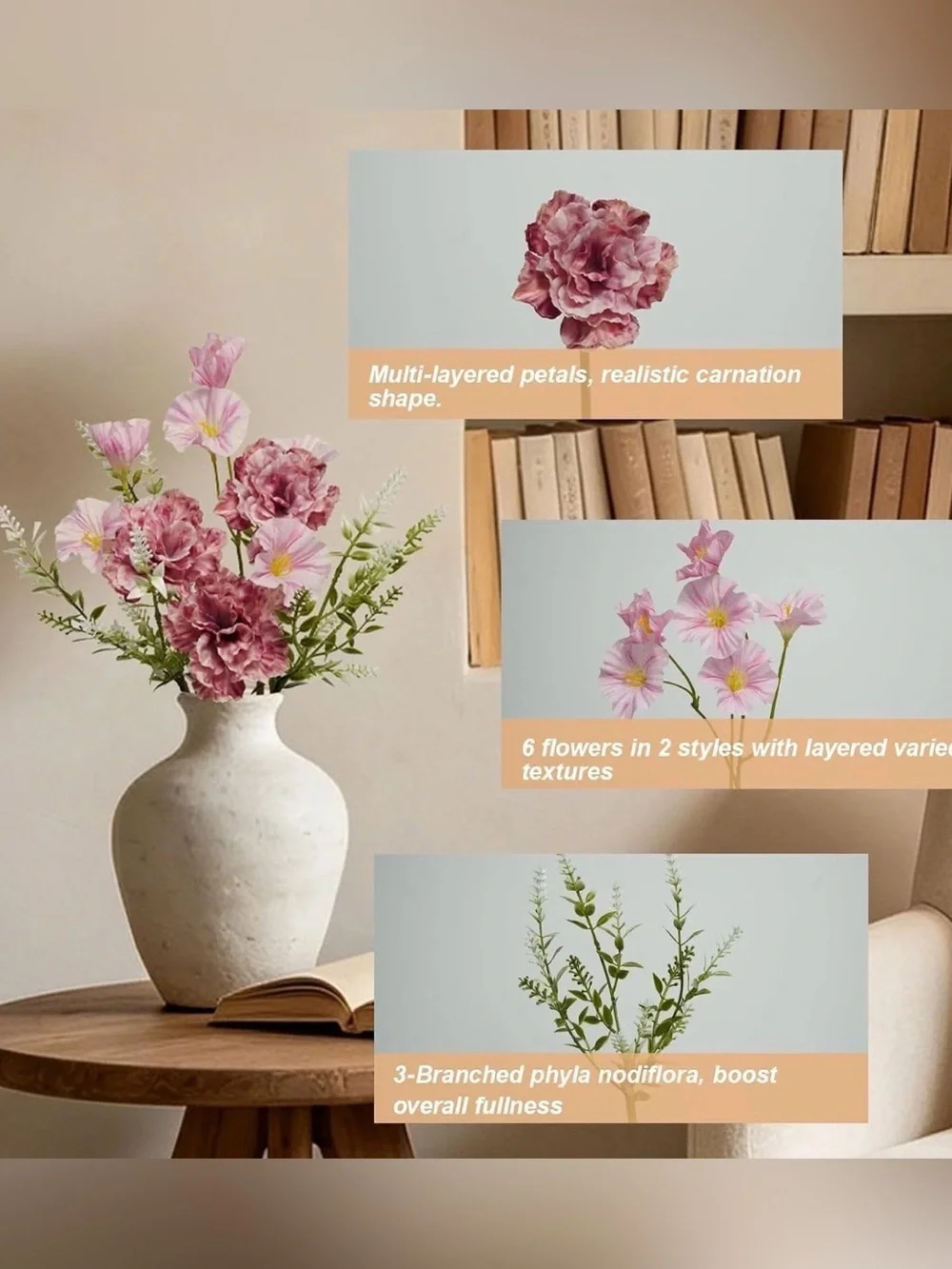 Pink Artificial Carnation & Morning Glory Flowers with Stems 2 Pack